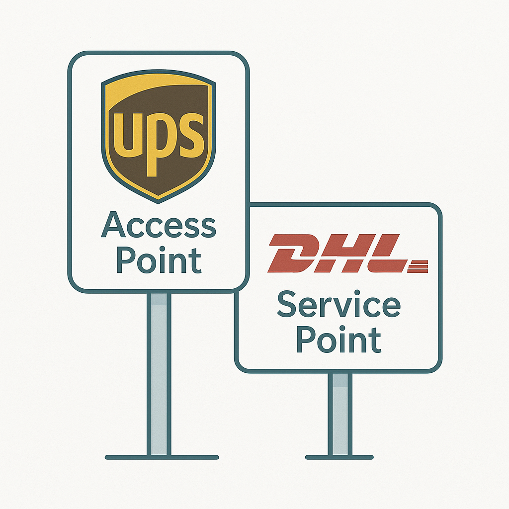 Retail shop signage showing UPS Access Point and DHL Service Point for parcel drop-off and collection