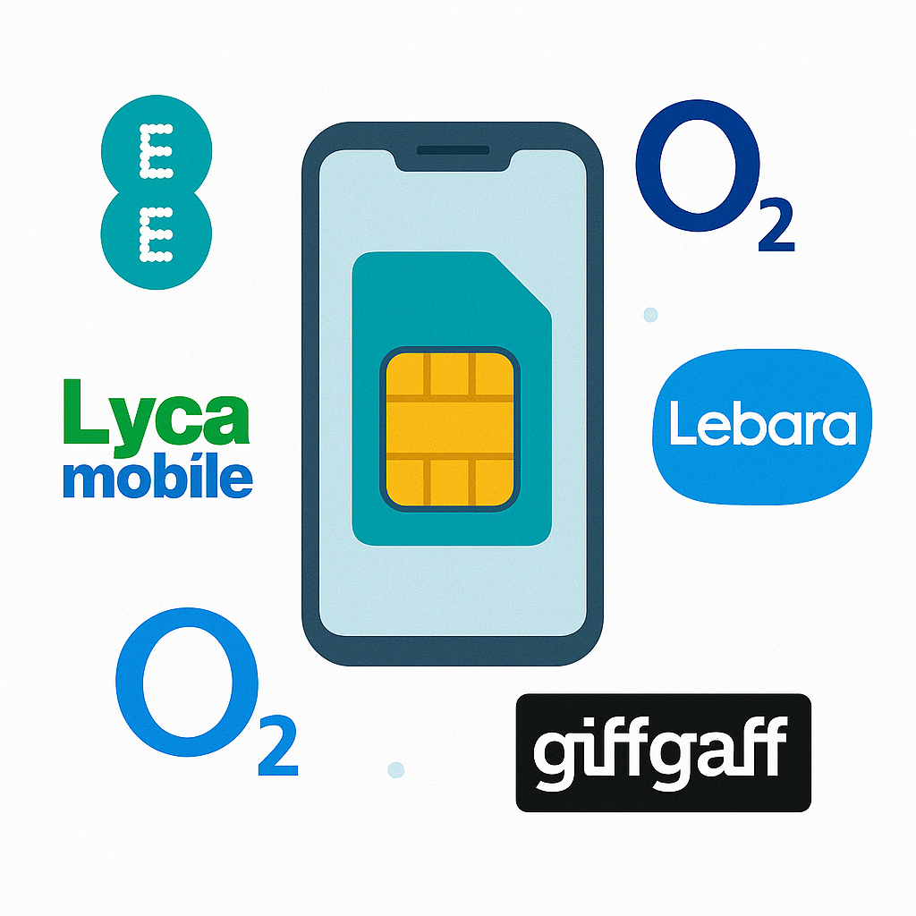 UK and international mobile top-up networks including EE, O2, Vodafone, Lyca, Lebara and giffgaff